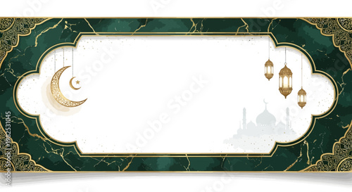 Elegant emerald green and gold frame featuring a crescent moon and lanterns, set against a soft white background with a faint mosque silhouette, designed with intricate patterns