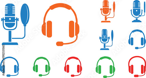 Set of colorful featuring studio microphones and headsets msea set