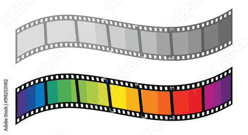 Two wavy film strip graphics in grayscale and rainbow colors used for cinema movie photography and video editing themes.