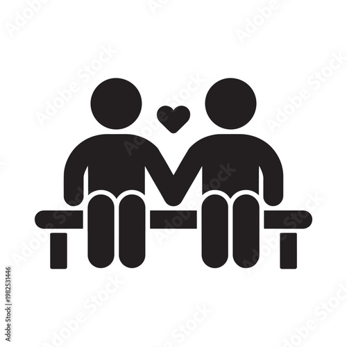 A simple black silhouette depicts two people seated closely together sharing a heart symbol high quality