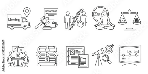 Legal icons with law document mediation zen life balance and career exploration business discovery.Editable stroke, Vector illustration, Line art Icon, Symbols.