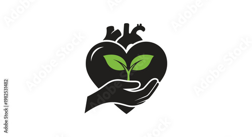 Stylized silhouette of a heart combined with a hand holding a young green sprout symbolizing environmental care and growth.