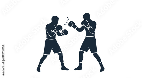 Black silhouette of two male boxers engaged in a competitive fight on a white background for sports and fitness themes.