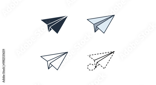 Set of paper airplane icons in solid, shaded, outline, and dashed line styles symbolizing flight, innovation, and journey.