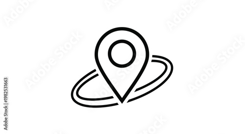 Simple line icon of a location map pin surrounded by a horizontal circular ring symbolizing a specific area or radius point.