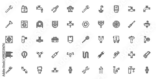 Plumber icon set. Vector tools collection. Includes wrench, faucet, valve, pipe, sink, toilet, plunger, toolbox, detector and more. Editable stroke line.