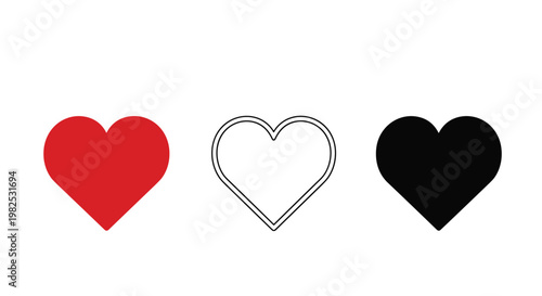 Three different heart shapes presented in solid red, black outline, and solid black styles for love and romance designs.