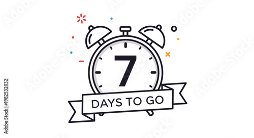 Line art illustration of a ringing alarm clock with the number seven and text 7 days to go on a ribbon for event countdowns.