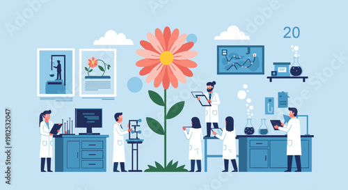 Scientists in lab coats meticulously studying a giant blooming coral and peach flower, surrounded by scientific equipment and data charts, conveying innovation and botanical