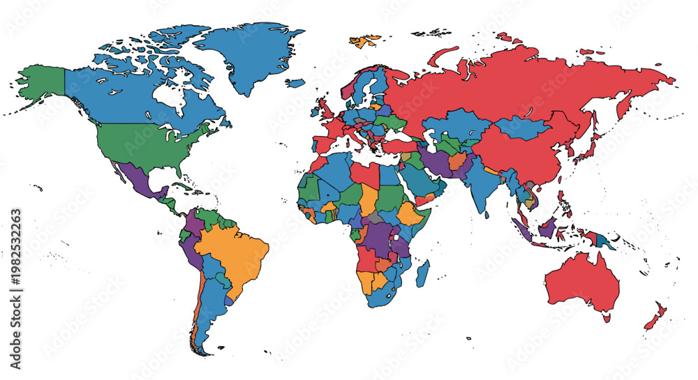 Fototapeta premium Vibrant, multi-colored world map with distinct continents and countries, showcasing a clean, scalable vector design for global communication and data visualization.