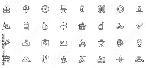 Camping icon set. Outdoor activities related line icons: camp, tent, fishing, forest, campfire, hiking, mountain, biking, adventure and more. Editable stroke.