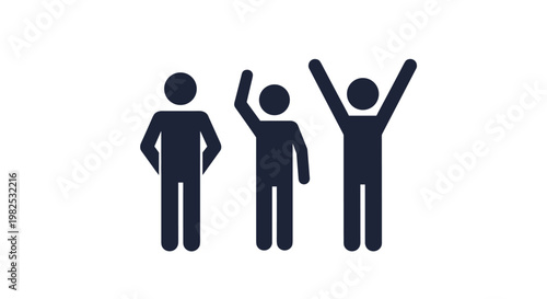 Black silhouettes of three people in various standing poses representing human interaction, diversity, and social group.