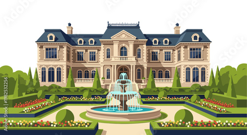Elegant french baroque mansion with manicured gardens and a cascading fountain, showcasing symmetrical landscaping and a serene, opulent atmosphere in a clean vector style.