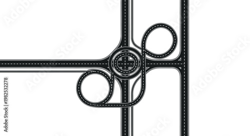 Detailed overhead view of a complex highway road interchange with loops and crossings for transportation infrastructure.