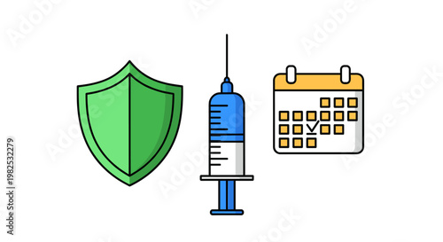 Green shield icon, blue and white syringe, and calendar with checkmark, symbolizing healthcare, protection, and scheduled appointments in a clean, modern vector style.
