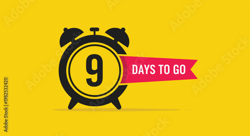 Alarm clock icon with a pink ribbon banner saying nine days to go for event countdown and deadline announcements.