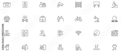  Building Amenities line editable icon set. Containing Building, Facilities, elevator, security, reception, parking, gym and more. Editable stroke.