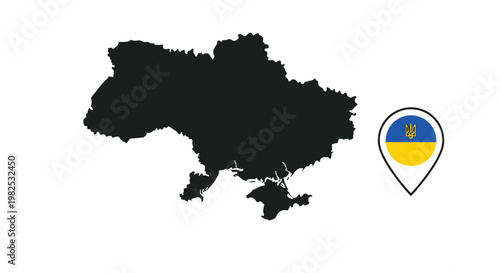 Black silhouette map of Ukraine with a location pin marker displaying the national flag and coat of arms trident.