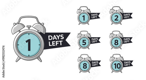 Collection of countdown alarm clock icons with banners showing various days left for project tracking and deadlines.