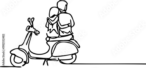 Single one line drawing married riders couple trip travel relax. Romantic honeymoon moments sitting and talking on motorcycle. Man with woman riding scooter. Continuous line draw design graphic ve