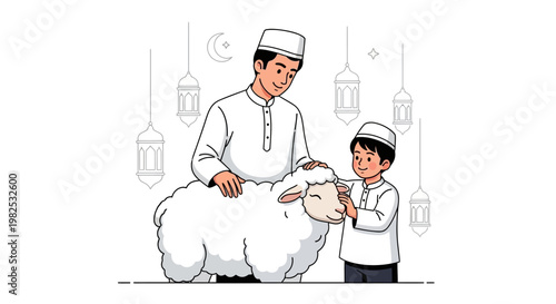 An illustration depicts a father and son wearing traditional caps, lovingly tending to a fluffy white sheep against a simple backdrop adorned with crescent moon and lantern illustrations