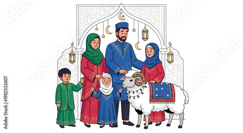 A happy Muslim family, including children and a ram adorned with a decorative blanket, stands together in front of an ornate archway with hanging lanterns, in a colorful, cartoon-style