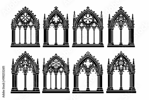 Set of eight black and white vector silhouettes of ornate Gothic style arches featuring intricate tracery and floral details, perfect for medieval architecture designs, frames, and decorations.