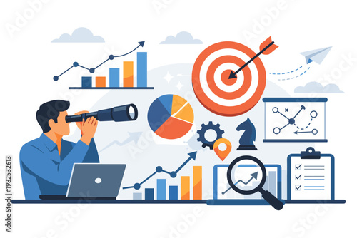 Business professional looking through telescope for future trends and opportunities, data analysis, strategic planning, goal setting, and performance tracking vector illustration for corporate