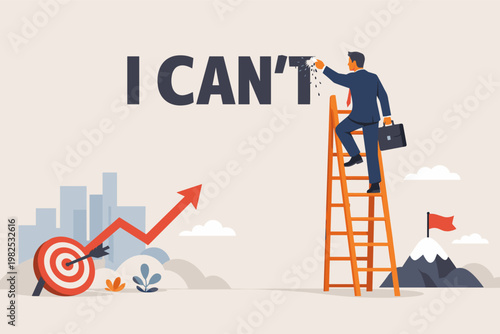 Businessman Erasing Letter T from I CAN'T to Make I CAN Motivational Concept Vector Illustration. Success, growth, and positive mindset in business with target, graph, and mountain peak.