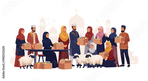 A group of Muslim people of varying ages and genders gather with sheep around boxes and a mosque backdrop, depicted in a flat, cartoon style with soft lighting and a bright, cheerful mood