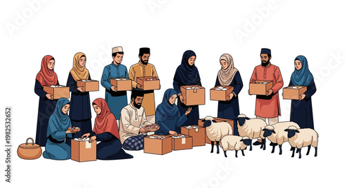 A diverse group of Muslim people, some wearing hijabs and kufis, are packing boxes next to a small herd of sheep on a bright white background in a colorful cartoon illustration