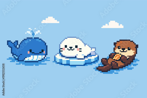 Cute Pixel Art Marine Animals Set Featuring a Blue Whale Spouting Water, a White Seal Pup on an Ice Floe, and a Brown Sea Otter Floating in the Ocean, Retro 8-bit Style Vector Illustration