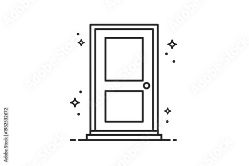 Minimalist Entrance Door Icon Vector Illustration, Modern Outline Design of a Front Door with Panels and Doorknob, Isolated Graphic Element for Home Architecture, Real Estate, and Web Interface