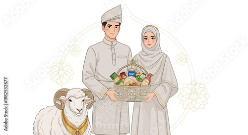 An illustration shows a formally dressed couple in white holding a basket of gifts next to a ram with curved horns against a white background, with a gentle, celebratory mood conveyed