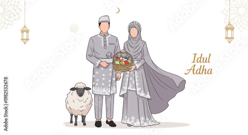 A detailed vector illustration features a Muslim couple in traditional attire, the woman holding a basket, standing beside a fluffy sheep against a clean white background