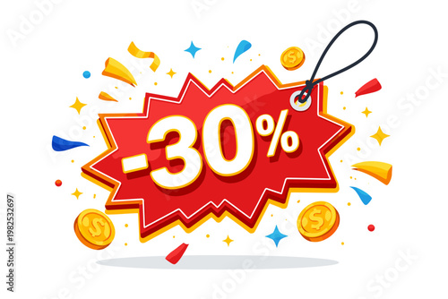 30 Percent Discount Sale Tag with Red Starburst Sticker, Special Offer Promotion Label Featuring Gold Coins and Colorful Confetti for Retail Marketing, Shopping Deals, and Seasonal Clearance