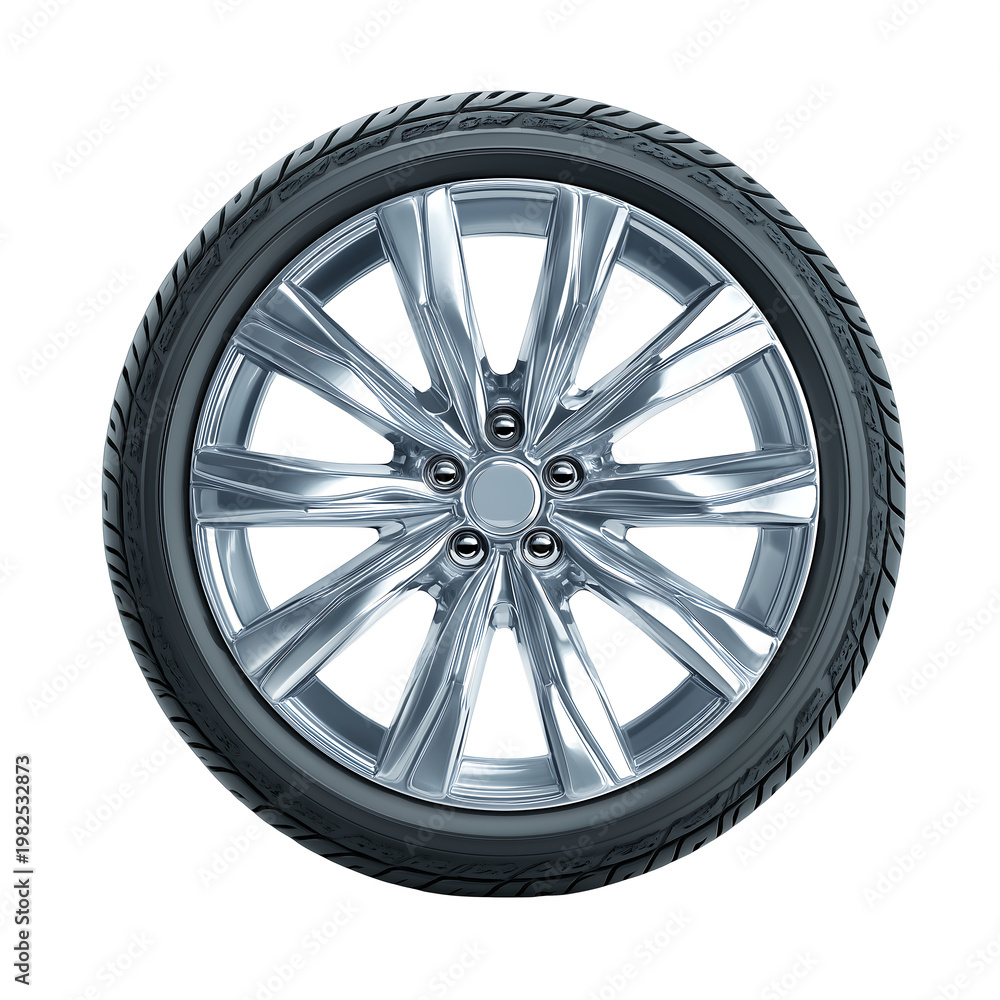 Obraz premium A shiny alloy wheel with a black tire is shown on a white background