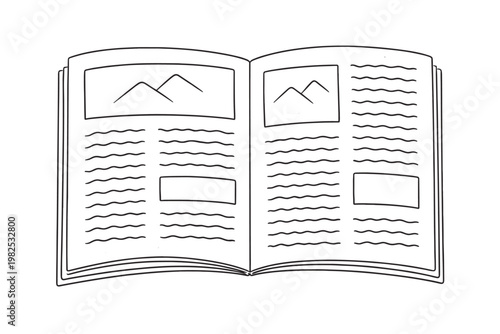 Hand drawn open newspaper or magazine illustration with abstract text and mountain image placeholders. Minimalist vector sketch of a journal layout for editorial design, news, and media concepts.