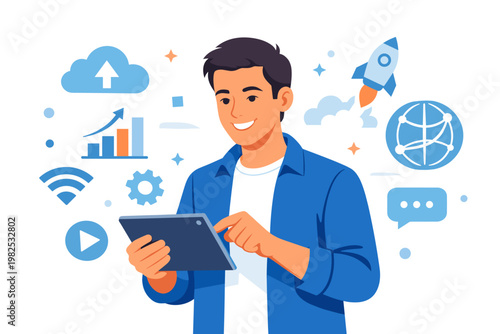 Smiling Young Man Holding and Using a Tablet Computer with Modern Technology Icons Like Rocket, Cloud, Globe, and Charts. Flat Vector Illustration for Business, Startup, and Digital Lifestyle.