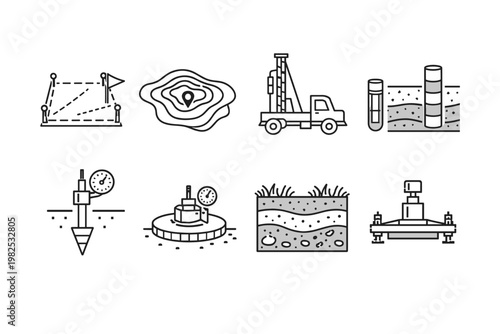 Geotechnical Engineering and Site Survey Line Icon Set for Land Development, Featuring Boundary Plot, Topographic Map, Drilling Rig, Soil Core Sample, Borehole Log, and Ground Testing Equipment