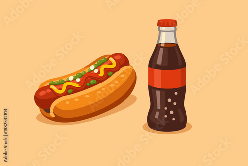 Classic American Fast Food Meal Featuring a Delicious Hot Dog with Mustard Ketchup and Relish Toppings Next to a Refreshing Glass Bottle of Cola Soda in a Simple Flat Vector Illustration Style