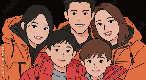 Happy Family in Matching Orange Winter Jackets