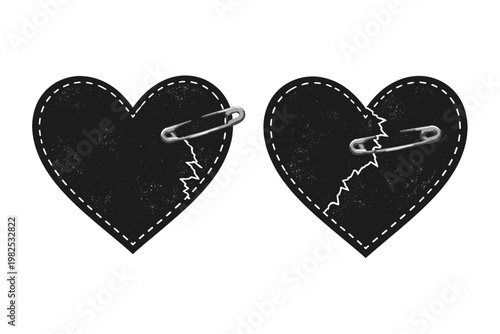 Two black textured heart shapes with white stitched borders and silver safety pins mending jagged cracks, representing emotional pain, heartbreak, and healing in a grunge flat vector illustration.