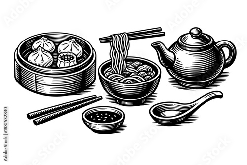 Vintage engraving style illustration of traditional Chinese cuisine featuring dim sum dumplings in a bamboo steamer, a bowl of noodles with chopsticks, teapot, and dipping sauce on white.