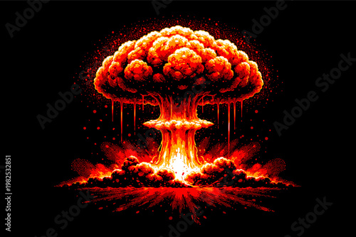 Pixel art vector illustration of a bloody nuclear mushroom cloud with halftone effect on black background. Dramatic atomic explosion for anti-war posters, gaming, and apocalyptic concept art.
