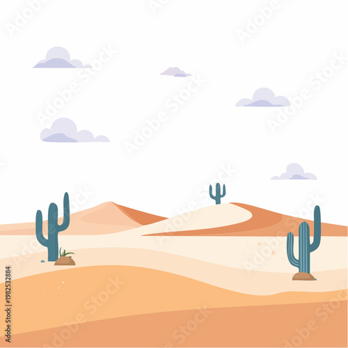Vast Desert Landscape with Cacti and Rolling Sand Dunes Under a Cloudy Sky