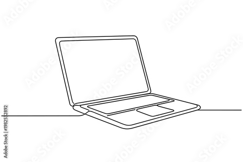 Continuous line drawing of a laptop computer, minimalist line art vector illustration of a modern notebook PC for business, technology, and education concepts, simple black and white sketch.