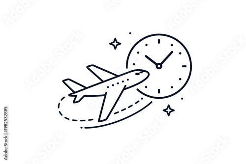Flight Time Line Icon with Airplane and Clock Face, Simple Flat Vector Illustration Representing Air Travel Schedule, Punctuality, Airline Duration, Jet Lag, and Time Zone Management