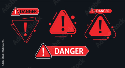 Assortment of red danger warning signs and exclamation mark icons for safety alerts and hazard notifications.