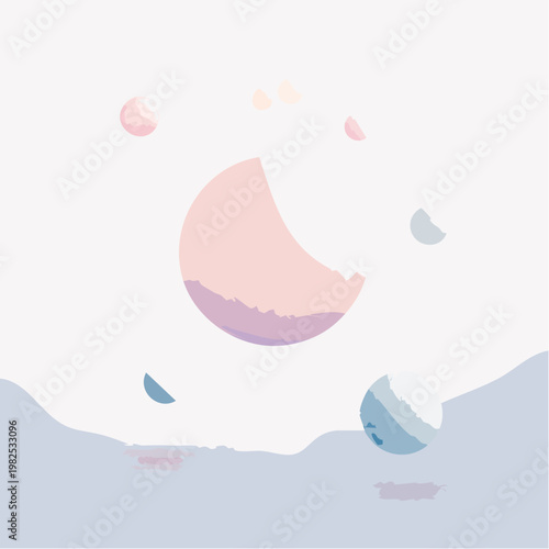 Soft pastel moons and planets drift gracefully above a tranquil abstract horizon, creating a dreamlike celestial ballet